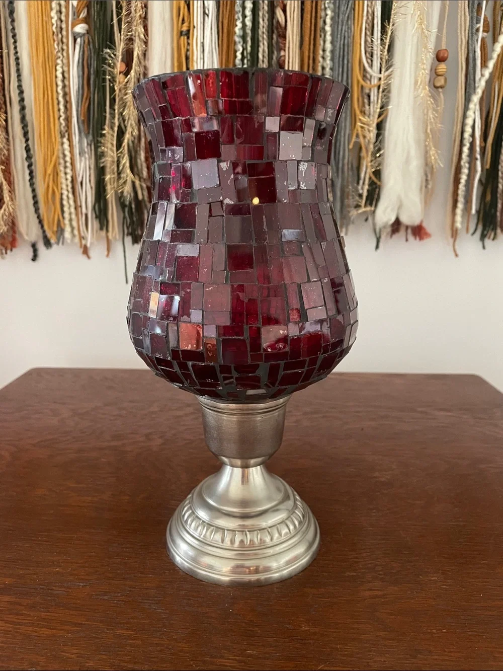 Red Mosaic Glass Hurricane Candle Holder -